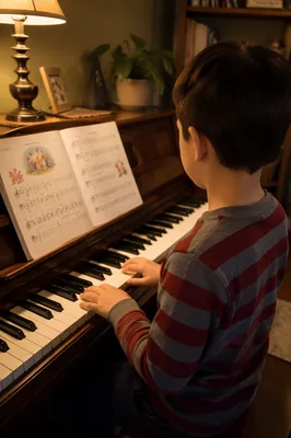 Young Piano Student Practicing at Home