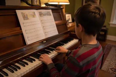 Young Piano Student Practicing at Home