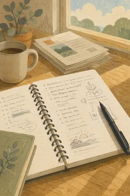 Sunlit Study Notebook with Handwritten Notes