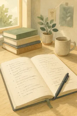 Open Notebook and Pen on Study Desk