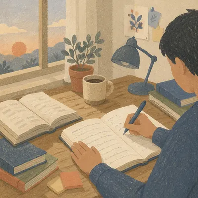 Quiet Dawn Study Desk with Notebook