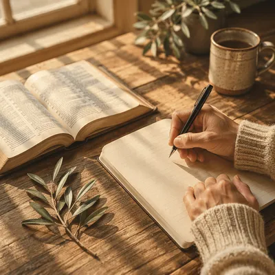 Hands Writing in Notebook on Study Desk