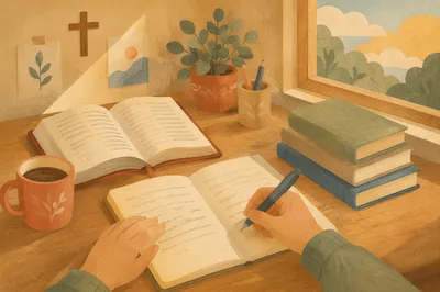 Peaceful Christian Study Desk With Handwriting