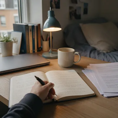 Focused Handwriting at Morning Study Desk