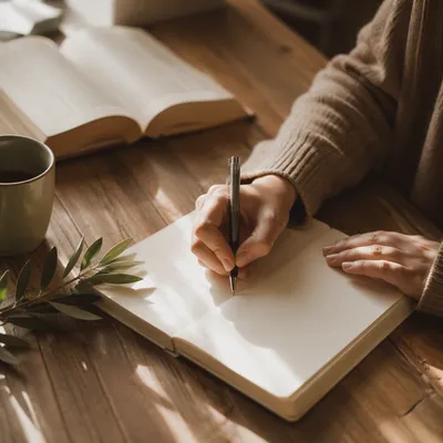 Hands Writing in Notebook on Study Desk