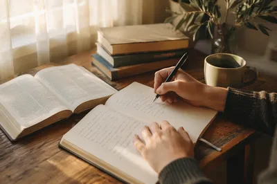 Student Writing at Sunlit Study Desk