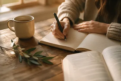 Hands Writing in Notebook at Desk
