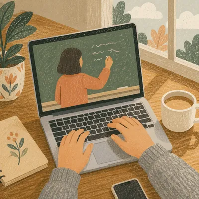 Warm Online Learning Laptop Study Scene