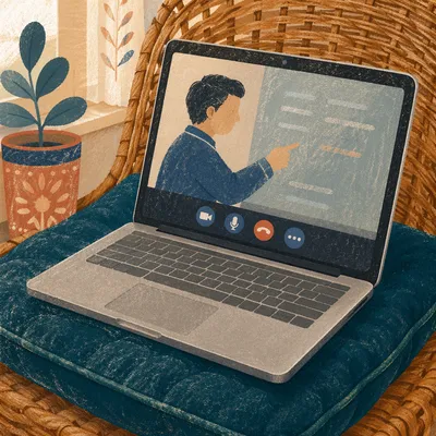 Online Learning Laptop on Teal Cushion