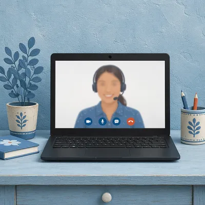 Online Learning Laptop on Blue Desk
