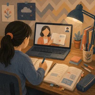 Student Attending Online Learning at Desk