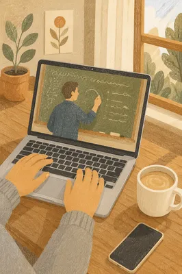 Online Learning Laptop on Warm Wood Desk