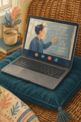 Cozy Online Learning Laptop on Teal Cushion