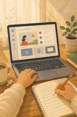 Online Learning Laptop on Warm Study Desk
