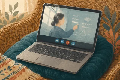 Online Learning Laptop on Teal Cushion