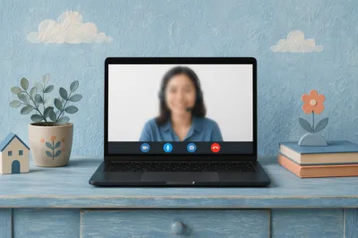 Online Learning Laptop on Blue Study Desk