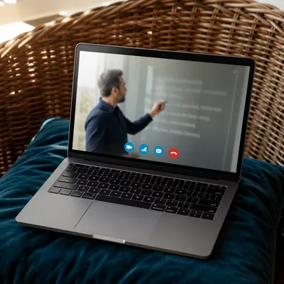 Online Learning Laptop on Teal Cushion