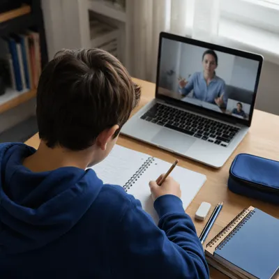 Student Writing During Online Class at Desk