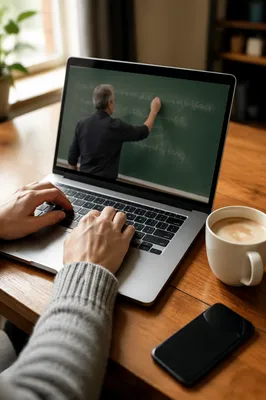 Online Learning Laptop on Warm Wood Desk