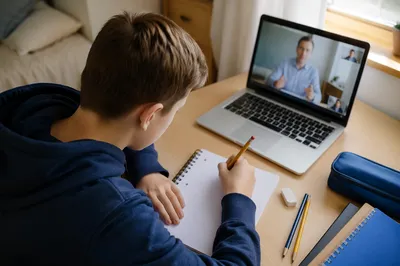 Student Writing During Online Class at Desk
