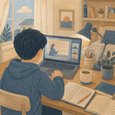 Student Online Learning at Home Desk