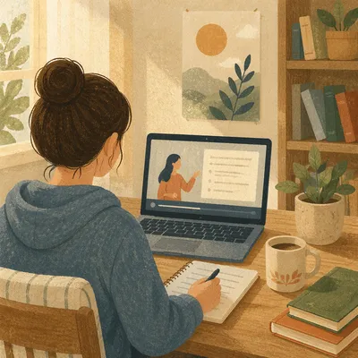 Student Online Learning at Home Desk
