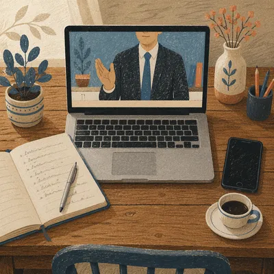Online Learning Workspace with Laptop and Notes