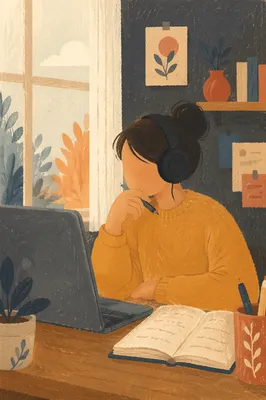 Focused Student Online Learning at Home Desk