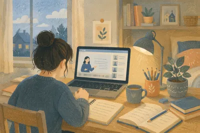 Student Online Learning at Morning Desk