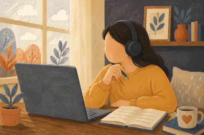 Focused Student Online Learning at Home Desk