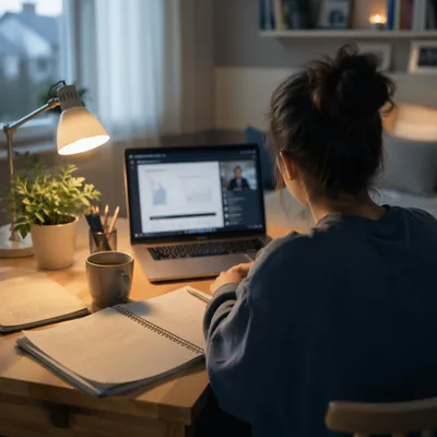 Student Online Learning at Home Desk
