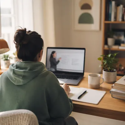 Student Online Learning at Home Desk