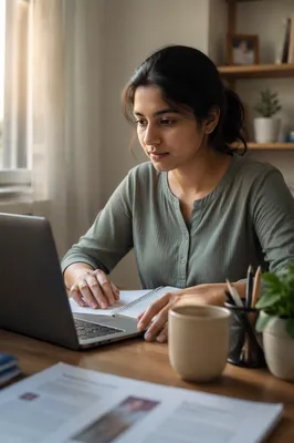 Young Woman Studying on Laptop at Desk