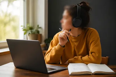 Focused Student Online Learning at Home Desk