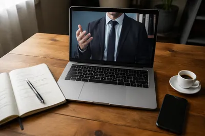 Online Learning Workspace with Laptop and Notes