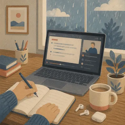 Online Learning Laptop on Rainy Afternoon Desk