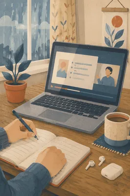 Online Learning Laptop on Rainy Desk