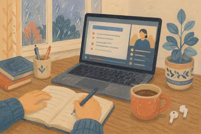 Online Video Lecture on Rainy Study Desk