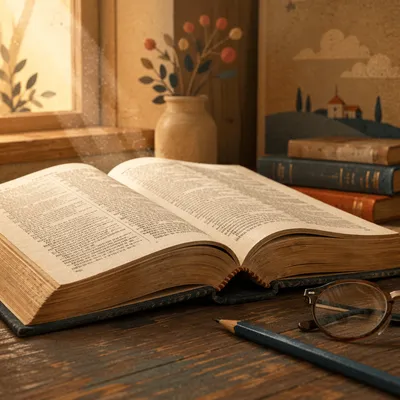 Open Dictionary on Wooden Study Desk