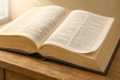 Open Dictionary Close-Up on Wooden Desk