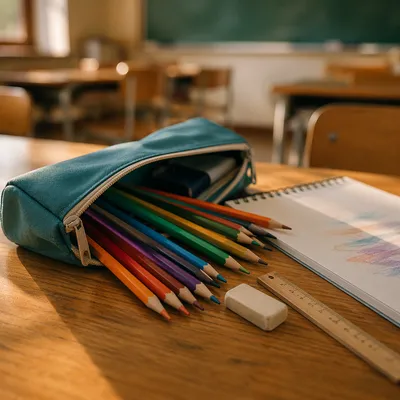 Open Pencil Case with Art Supplies