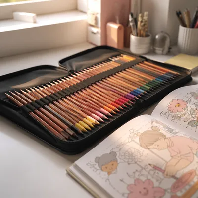 Open Pencil Case with Colored Pencils