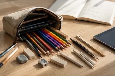Open Pencil Case with Art Supplies
