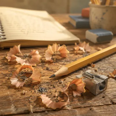Pencil Shavings on Classroom Desk Close-Up