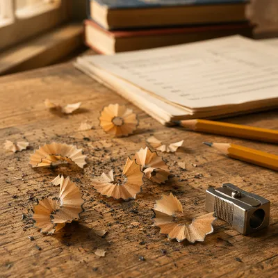 Pencil Shavings on Classroom Desk Close-Up