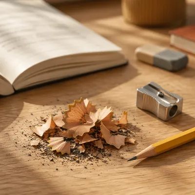 Close-Up Pencil Shavings on Classroom Desk