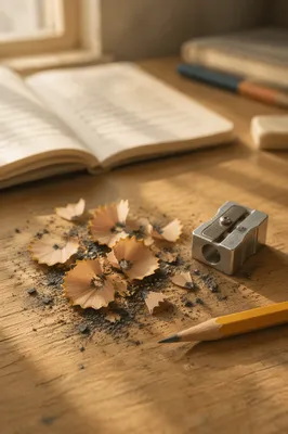 Pencil Shavings on Classroom Desk Close Up