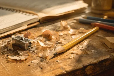 Pencil Shavings on Classroom Desk Close Up