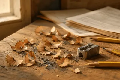 Pencil Shavings on Classroom Desk Close Up