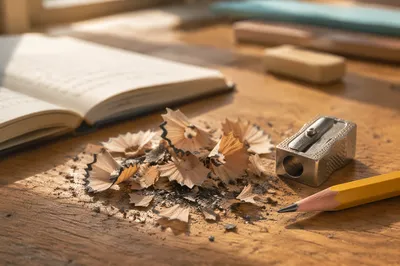 Pencil Shavings on Classroom Desk Close Up